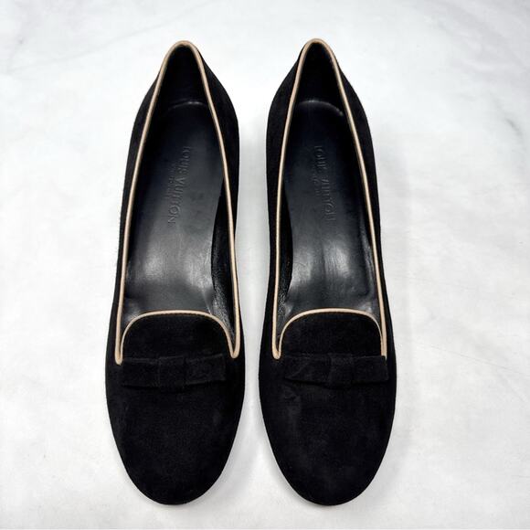 Louis Vuitton Bow Suede Leather Low Block Heeled Loafer Ballet Flats Black 36.5 - Picture 1 of 10